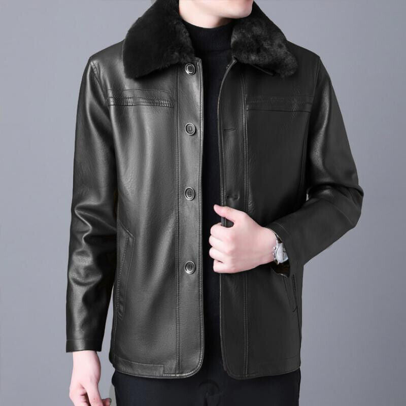 Winter Fur Collar Leather Jacket Men's Button Pu Leather Men Large Size Loose P