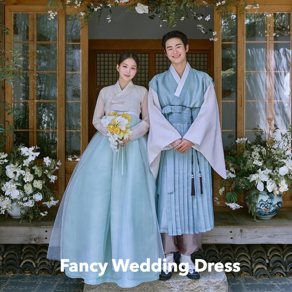 Fancy Simple V Neck Light Blue Wedding Dress Korea Photo Shoot A Line Organza B