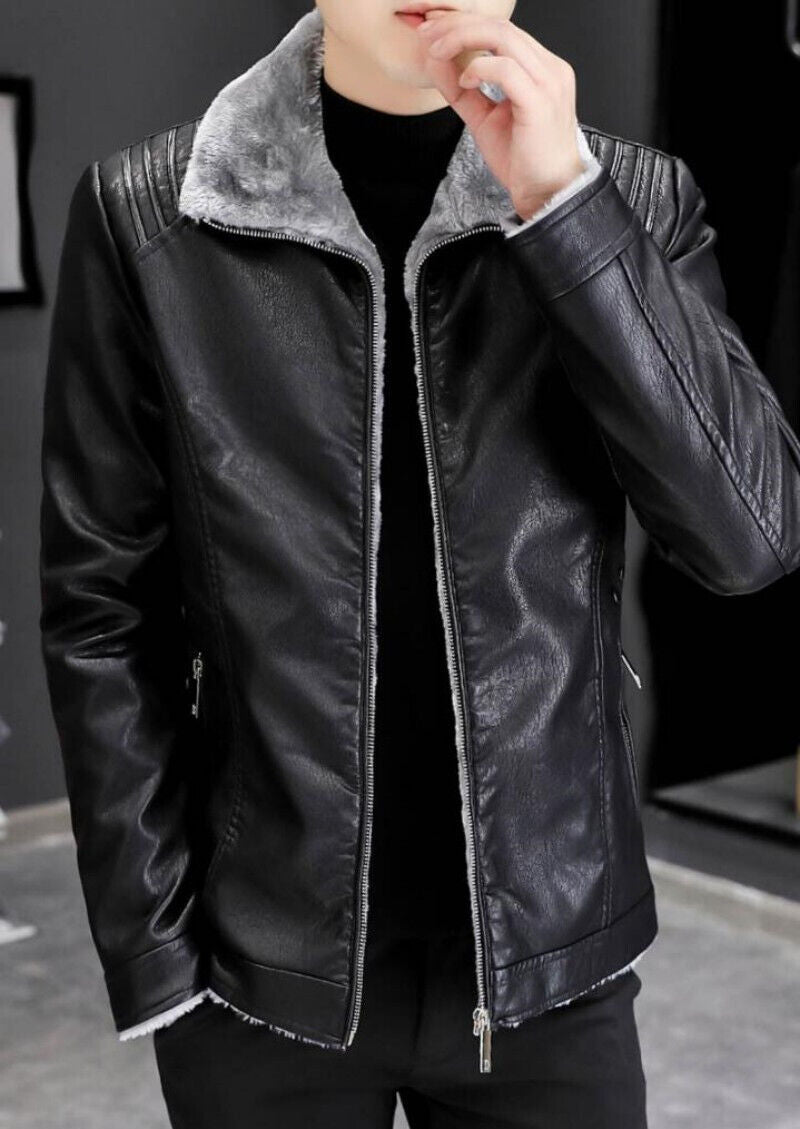 Mens Pu Leather Jackets Casual Fashion Slim Windbreak Faux Fur Plush Leather Co