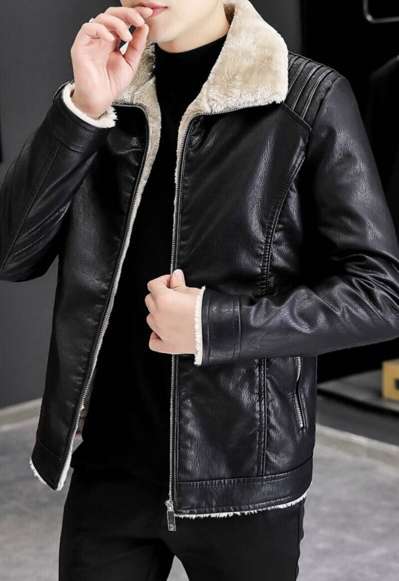 Mens Pu Leather Jackets Casual Fashion Slim Windbreak Faux Fur Plush Leather Co