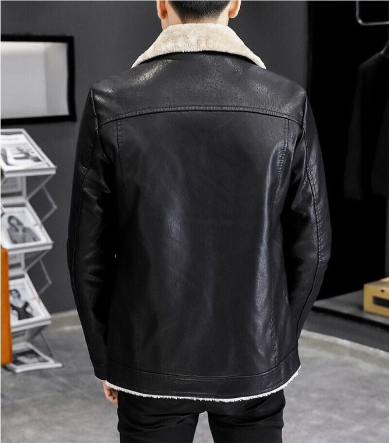 Mens Pu Leather Jackets Casual Fashion Slim Windbreak Faux Fur Plush Leather Co