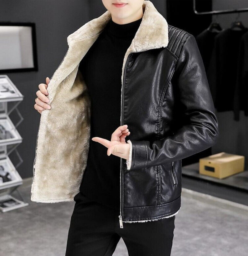 Mens Pu Leather Jackets Casual Fashion Slim Windbreak Faux Fur Plush Leather Co