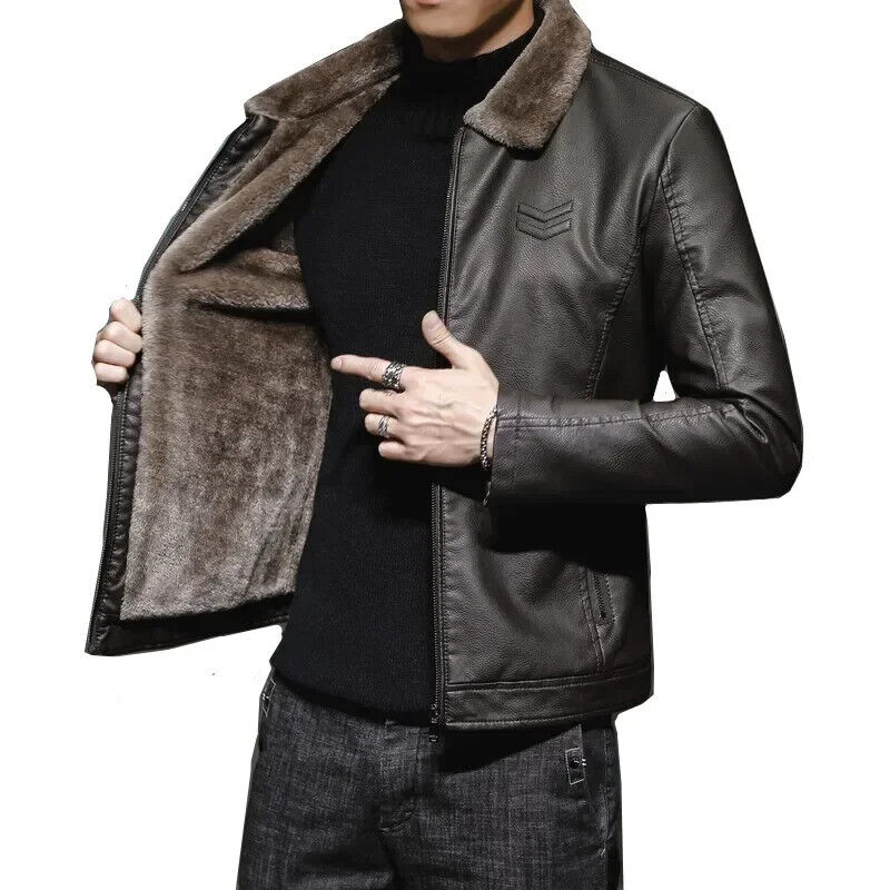 New Thick Brown Leather Jacket Mens Winter Autumn Men's Jacket Fashion Faux Fur