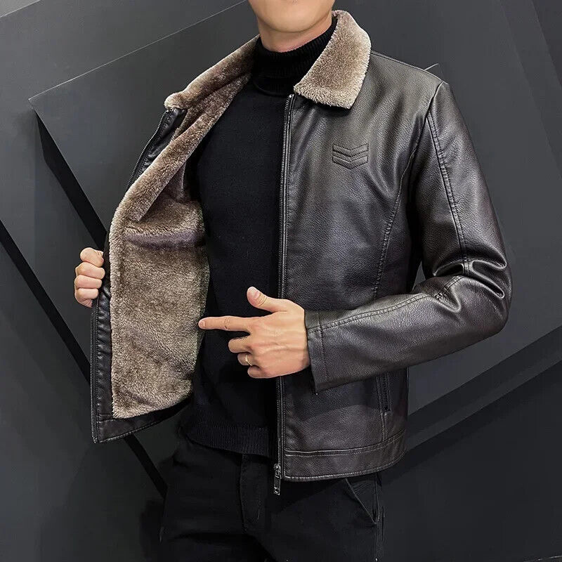 New Thick Brown Leather Jacket Mens Winter Autumn Men's Jacket Fashion Faux Fur