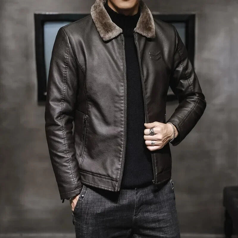 New Thick Brown Leather Jacket Mens Winter Autumn Men's Jacket Fashion Faux Fur