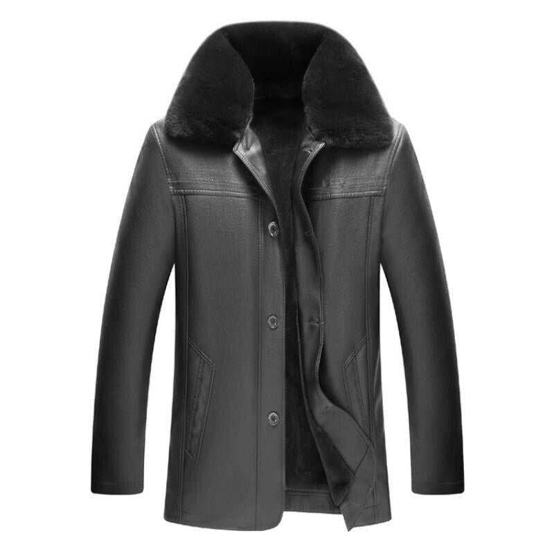 Winter Fur Collar Leather Jacket Men's Button Pu Leather Men Large Size Loose P