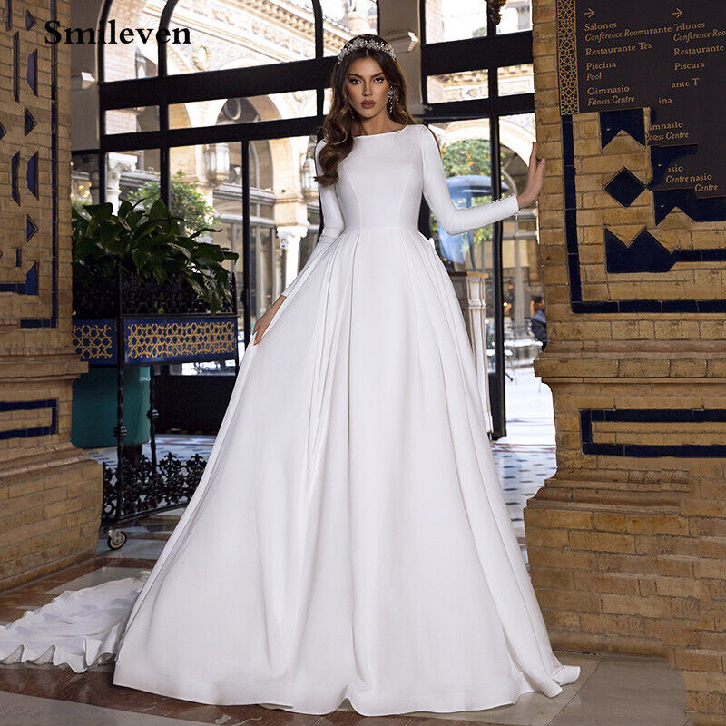 Smileven Satin Princess Wedding Dresses Long Sleeve Backless Caftan Elegant Bri