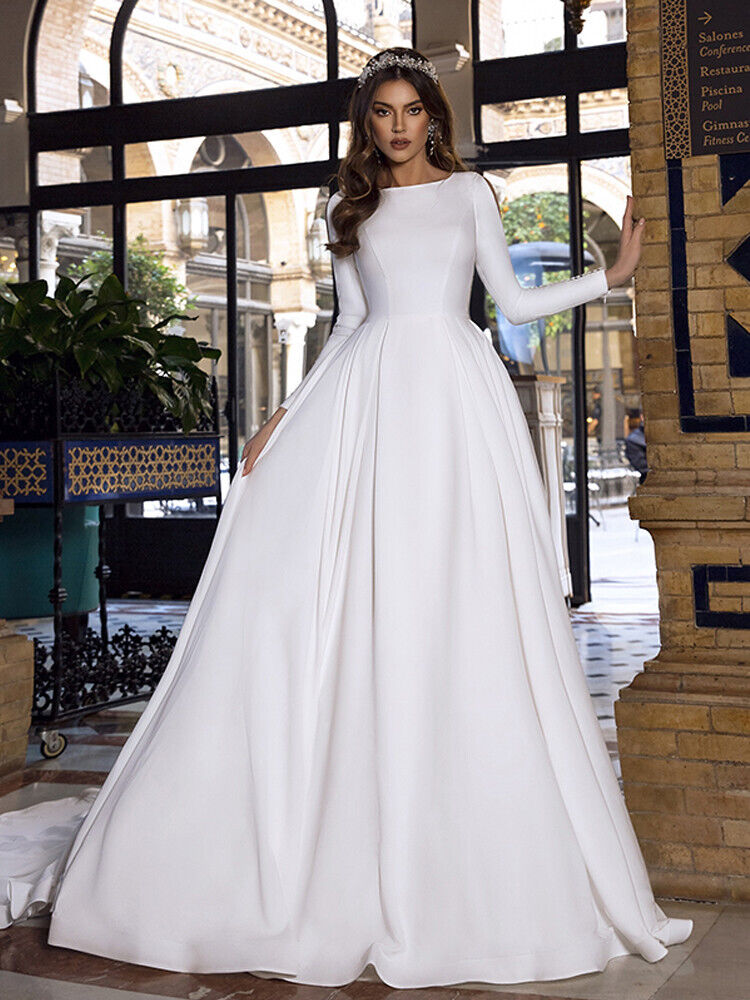 Smileven Satin Princess Wedding Dresses Long Sleeve Backless Caftan Elegant Bri