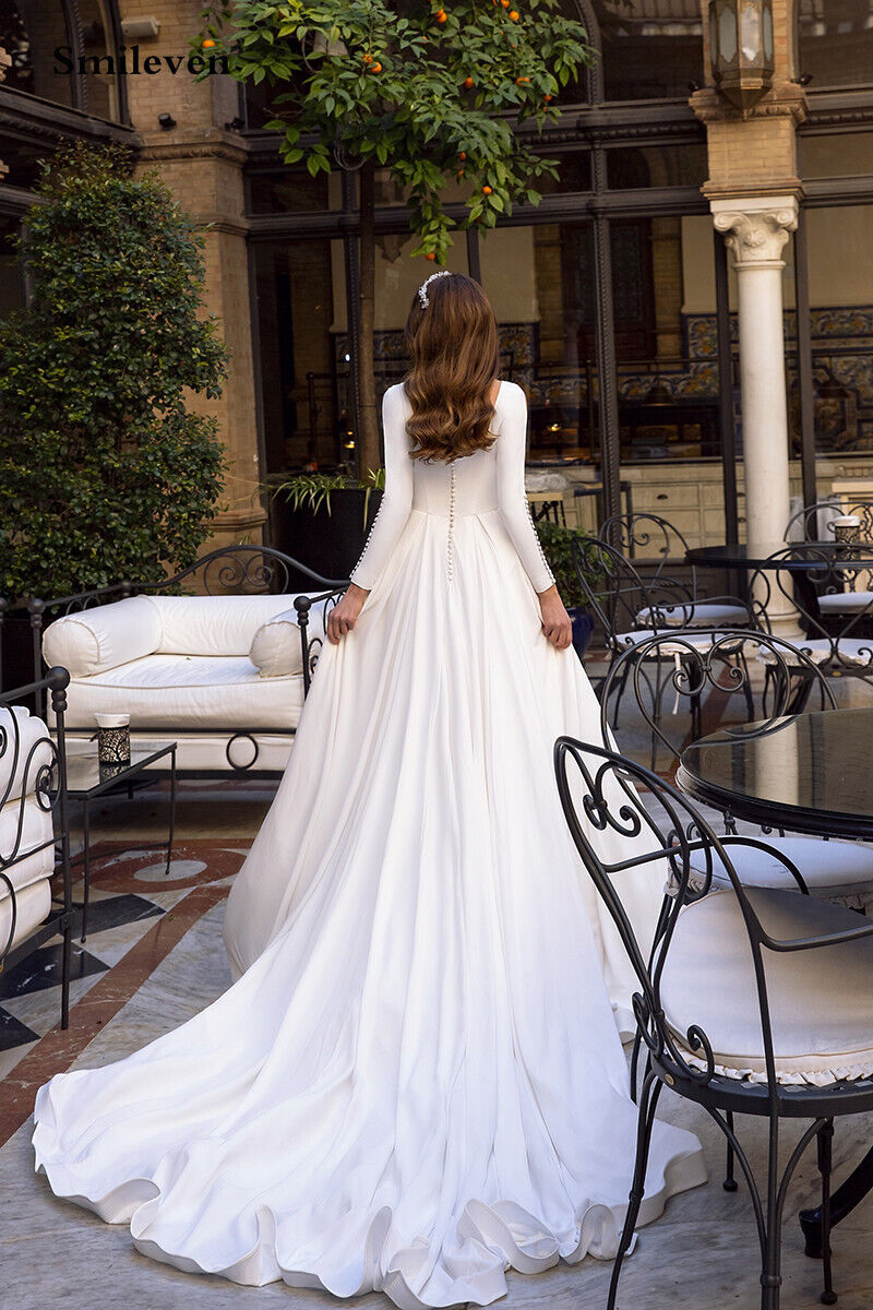 Smileven Satin Princess Wedding Dresses Long Sleeve Backless Caftan Elegant Bri