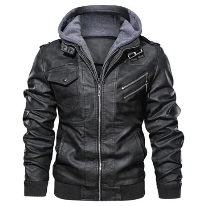 Men Hooded Leather Jackets Slim Casual Leather Coats New Fashion Male Street We