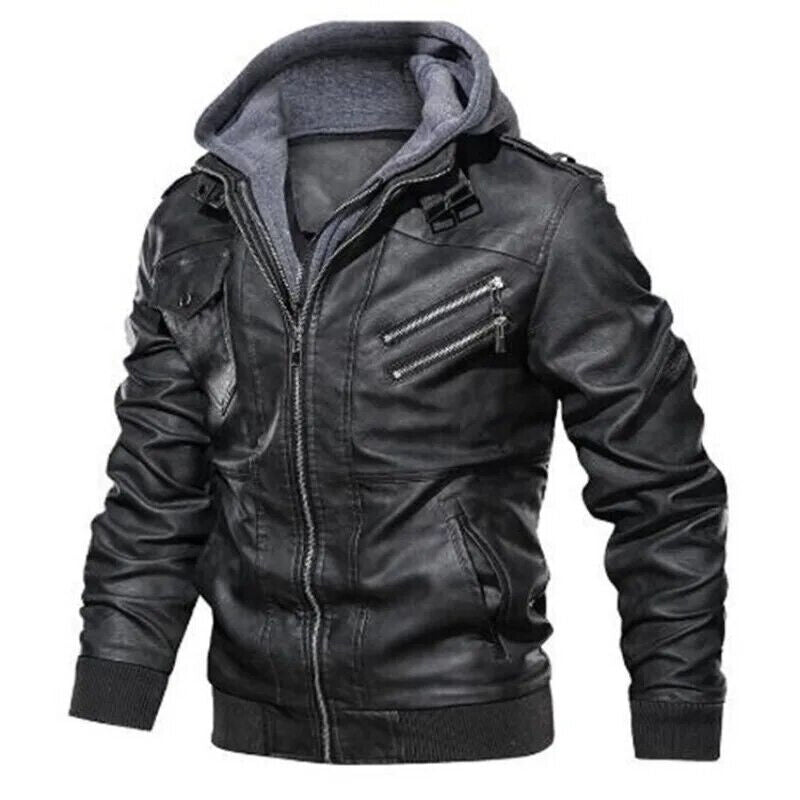 Men Hooded Leather Jackets Slim Casual Leather Coats New Fashion Male Street We