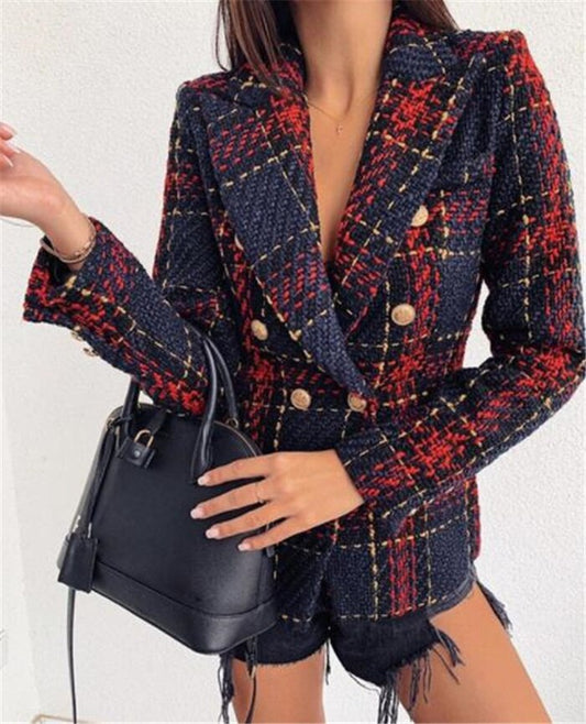 Vintage Red Plaid Blazers Women Double Breasted Autumn Tweed Suits Coats Lapel image 0