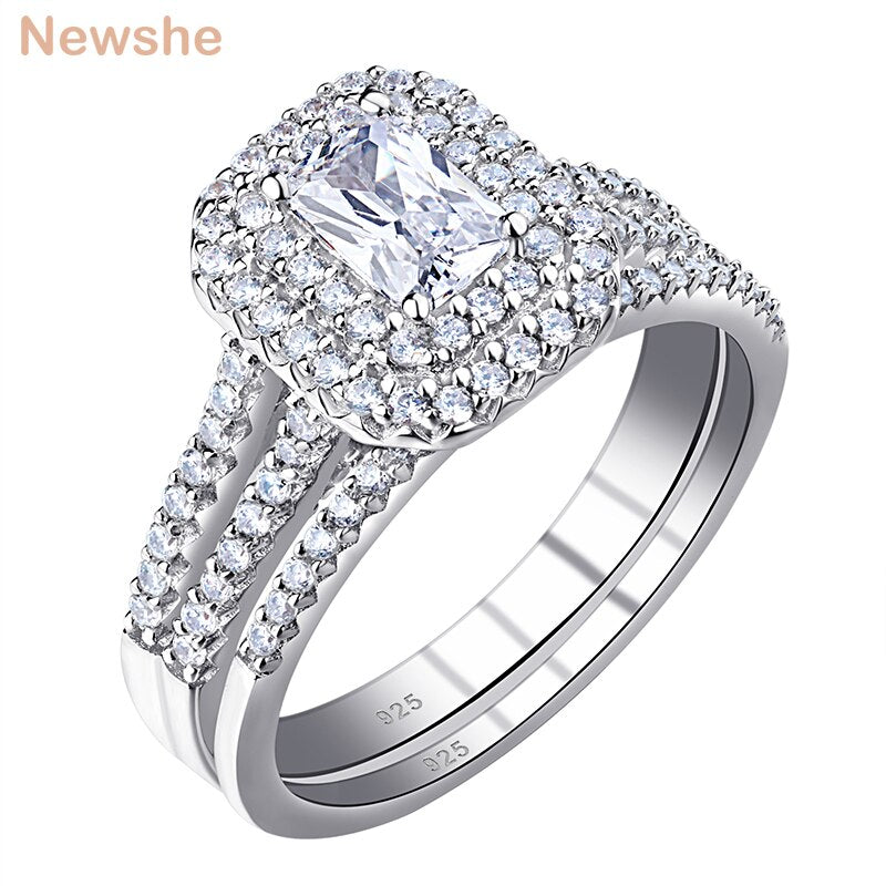 Newshe Solid 925 Sterling Silver Jewelry for Women Halo Radiant Cut Engagement