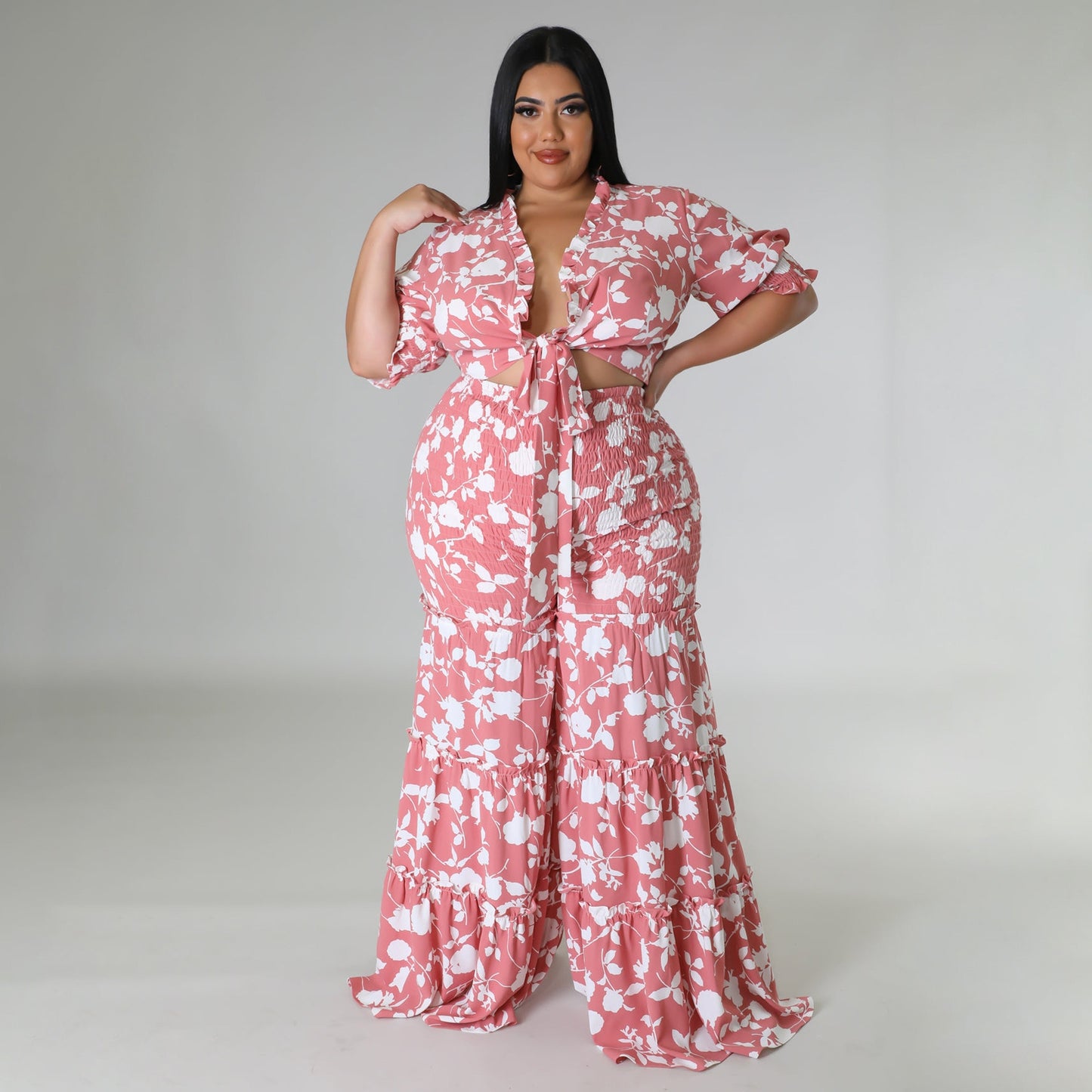 Perl Plus Size Printed Two Piece Set Women Outfit Casual Bandage Top+loose Wide