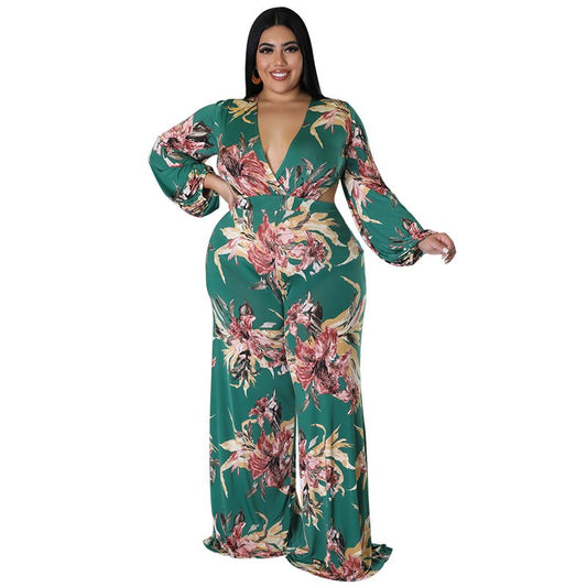 Plus Size Women 5xl Jumpsuits Floral Print One Piece Outfit Fashion v Neck Long