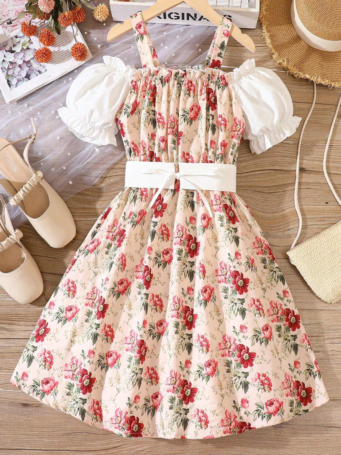 Kids CHARMNG Girls Floral Print Cold Shoulder Puff Sleeve Dress