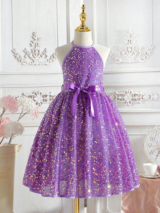 Kids CHARMNG Girls Sequin Decor Belted Halter Dress