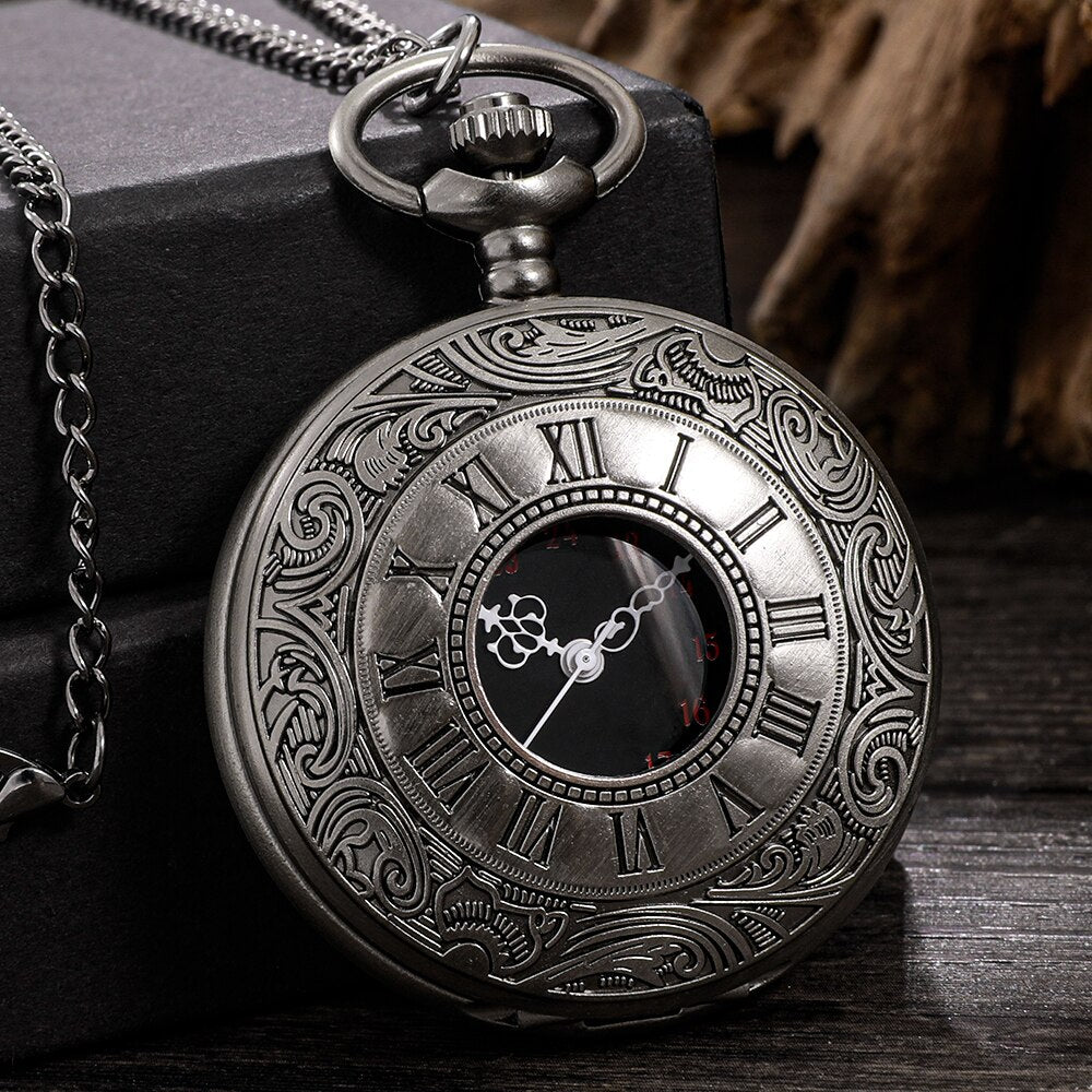 Roman Numerals Quartz Pocket Watch Men Women Hollow Case Steampunk Vintage Pend