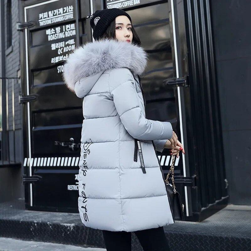 Women's Plus Size cotton jacket, long hooded parka with fur collar, warm thick