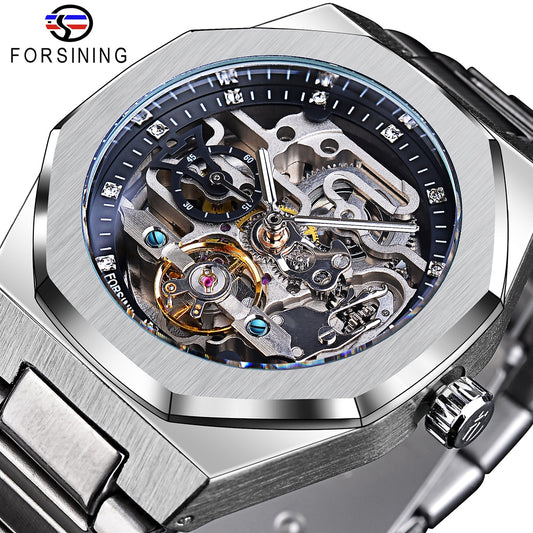 Forsining Casual Automatic Watch 3D Diamond Skeleton Hollow Mens Wristwatches L