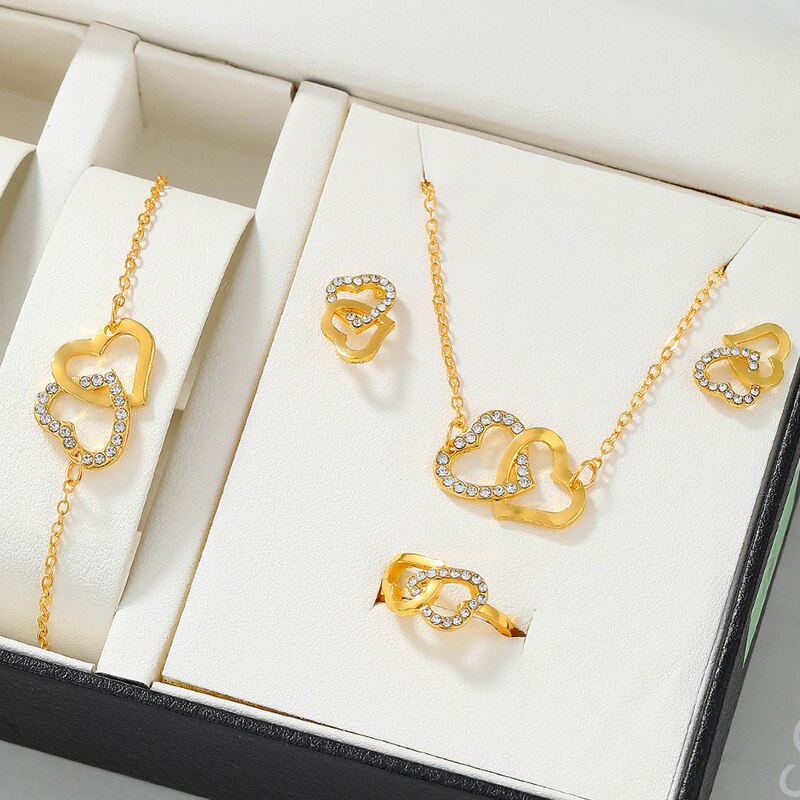 5PCS Set Gold-Color Heart Shaped Jewelry Sets Of Ring Earrings Necklace For Wom