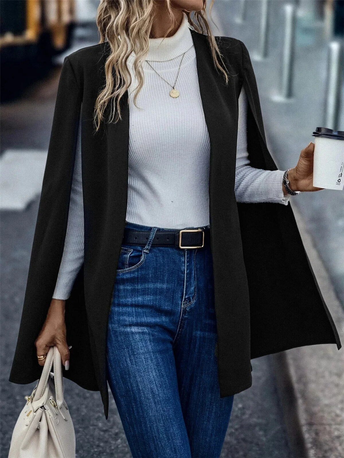 Elegant Women Solid Cape Blazer with Split Sleeves Stylish Female Outerwear Pon