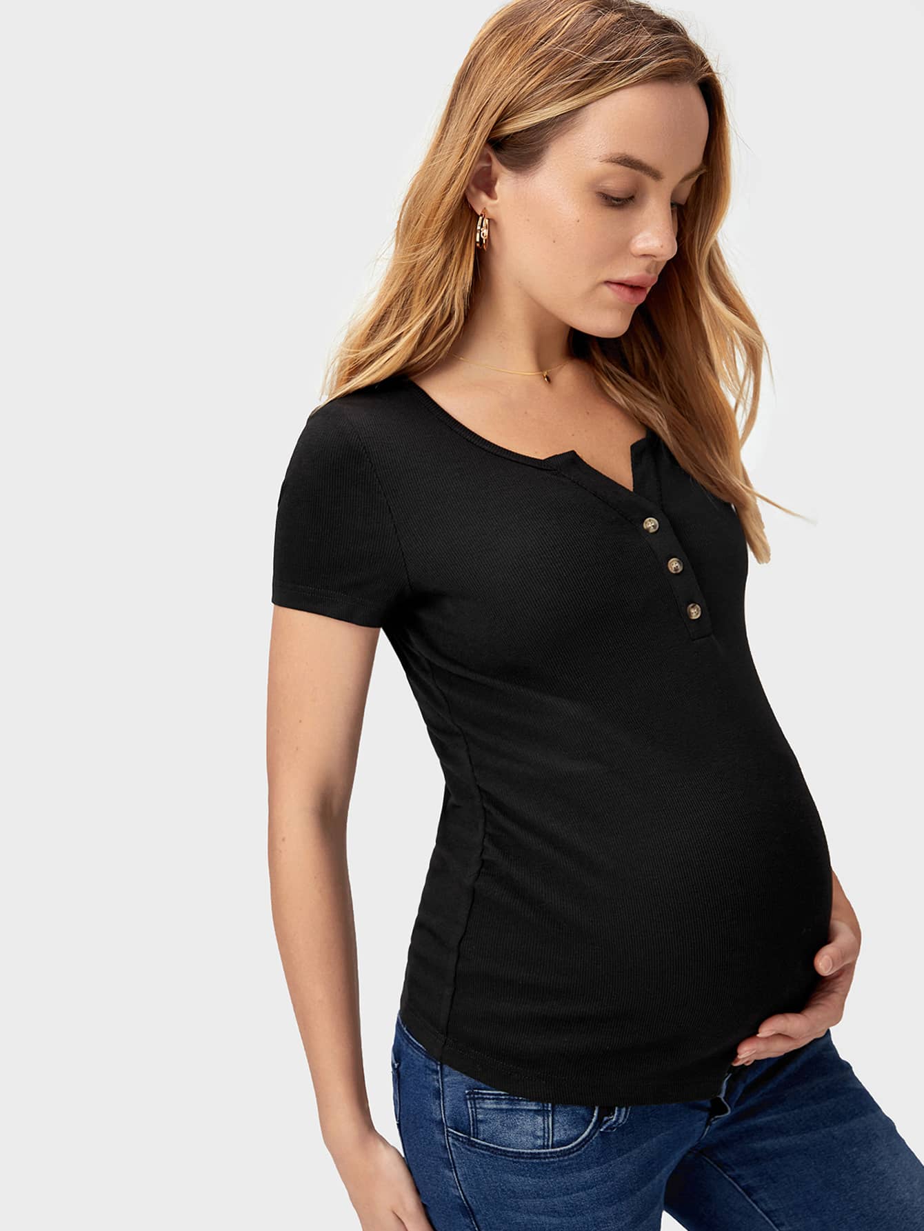Maternity Half Button Ribbed Knit Tee