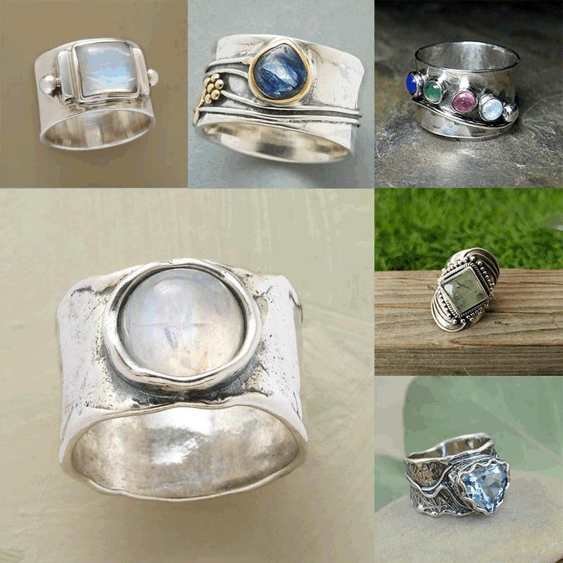 Vintage Tibetan Moonstone Big Healing Crystal Rings for Women Boho Antique Indi