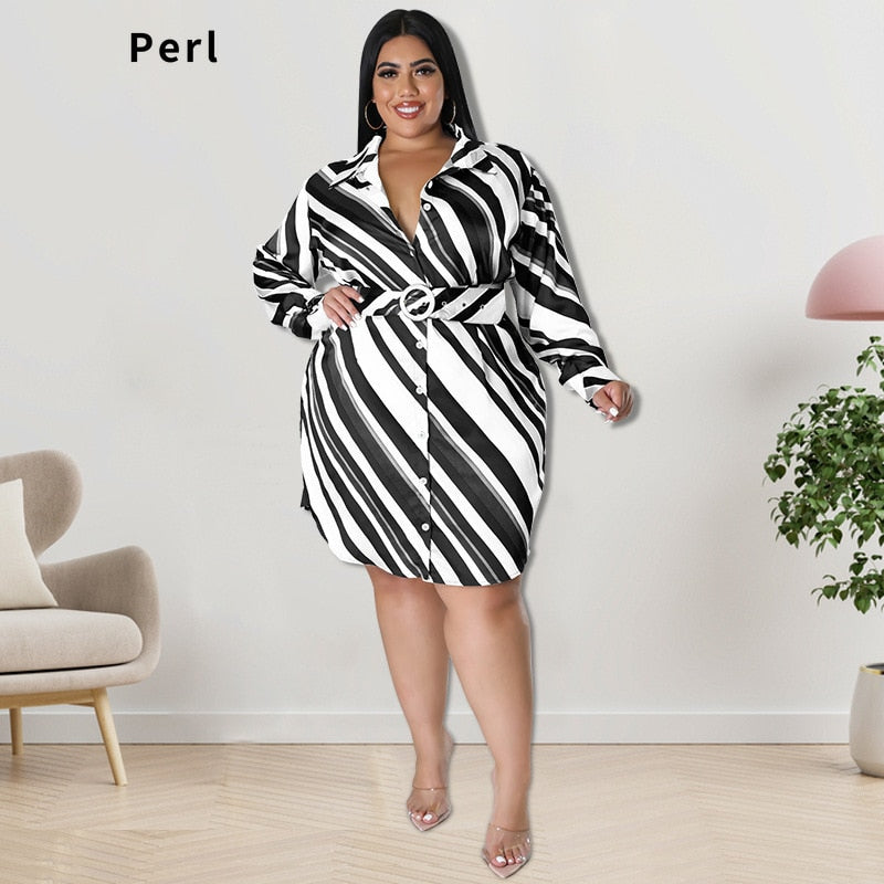 Perl Plus Size Women Dress Stripe Full Sleeve Outfit with Belt One Piece T-shir