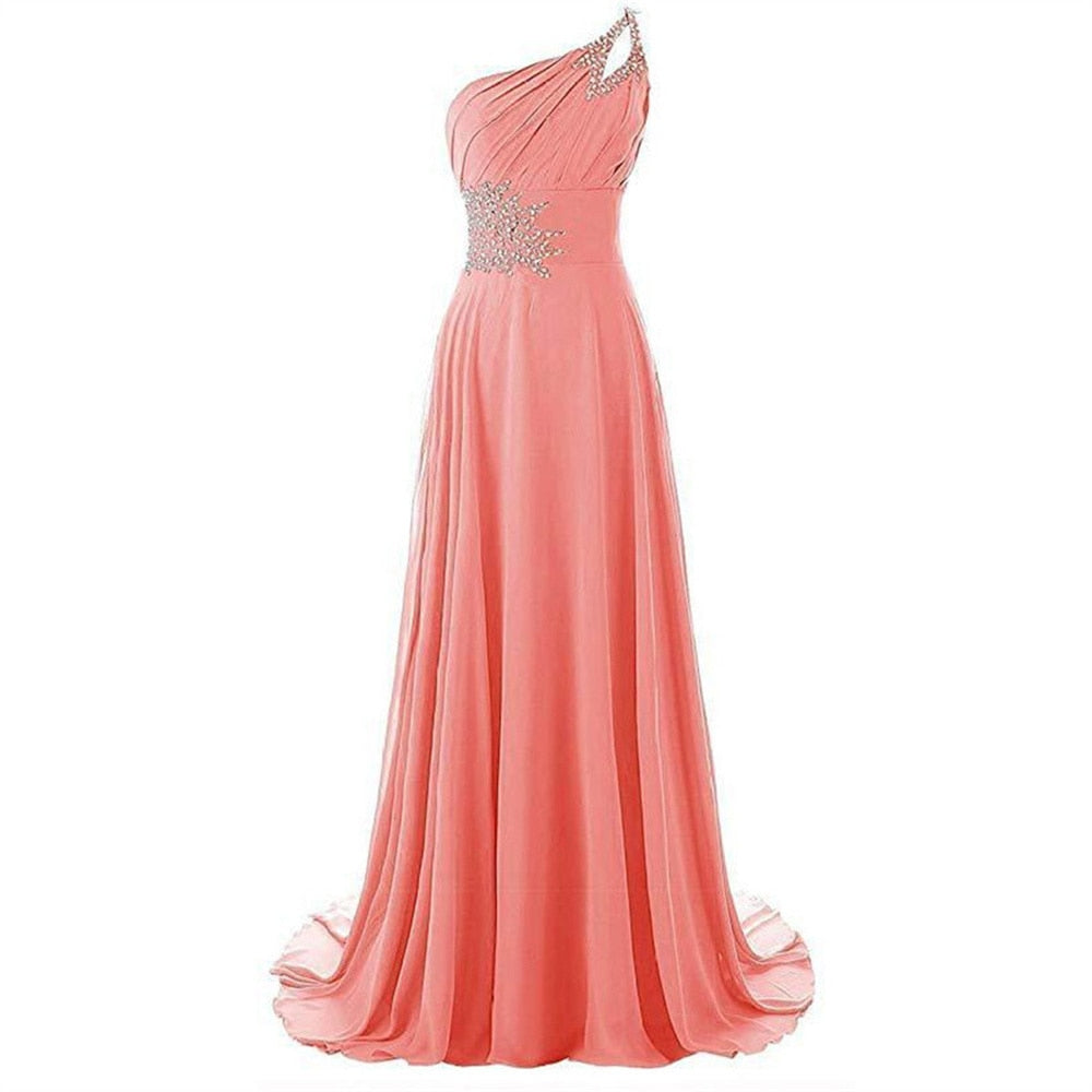 A Line Chiffon Beading Pleat Elegant One Shoulder Bridesmaid Dresses Wedding Par