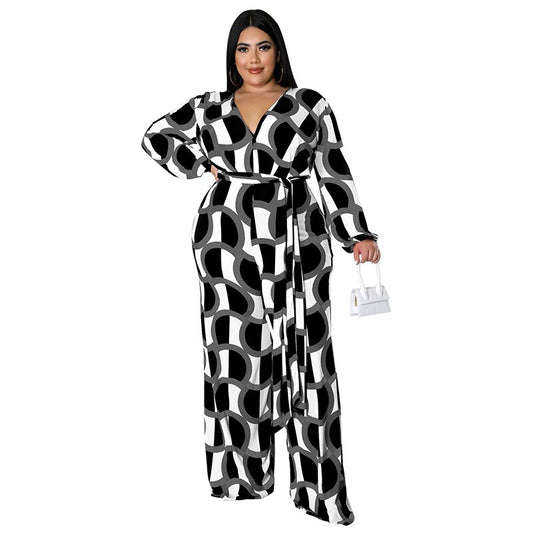 Plus Size Women 5xl Jumpsuits Long Sleeve One Piece Outfit Fashion v Neck Print