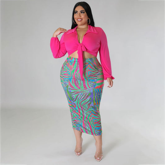 Perl Plus Size Women Clothing Two Piece Set Matching Outfits Turn Down Collar B