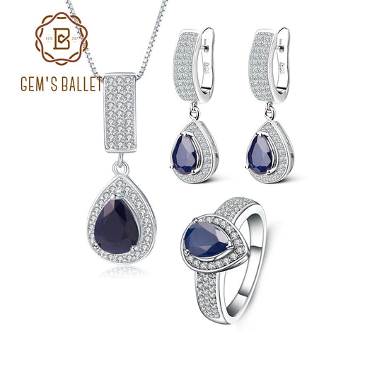 GEM'S BALLET Classic Natural Blue Sapphire Gemstone Jewelry Set 925 Sterling