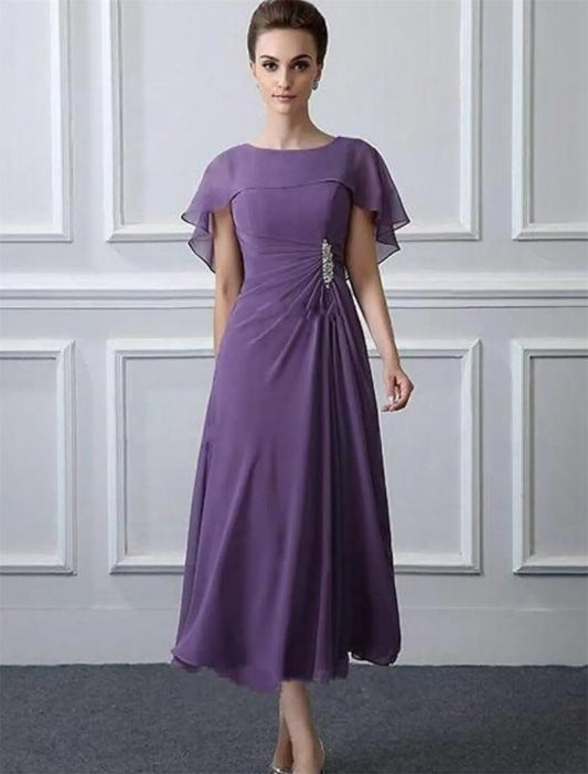 A-Line Mother of the Bride Dress Plus Size Bateau Neck Tea Length Chiffon Short