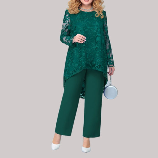 Plus Size Women Clothing Long Sleeve Lace Blouse Wide Leg Pants Loose Two Piece