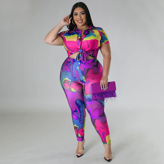 Perl Plus Size Printed Casual Two Piece Set Women Outfit Leisure Matching Set T