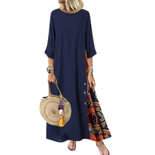 Women Shirt Long Dress Three Quarter Sleeve Cotton Linen Casual Maxi Dress Crew