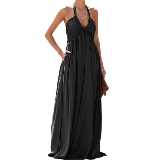 Women Halter Pleated Dress Deep V Neck Ladies Sleeveless Long Dress Elegant Sty