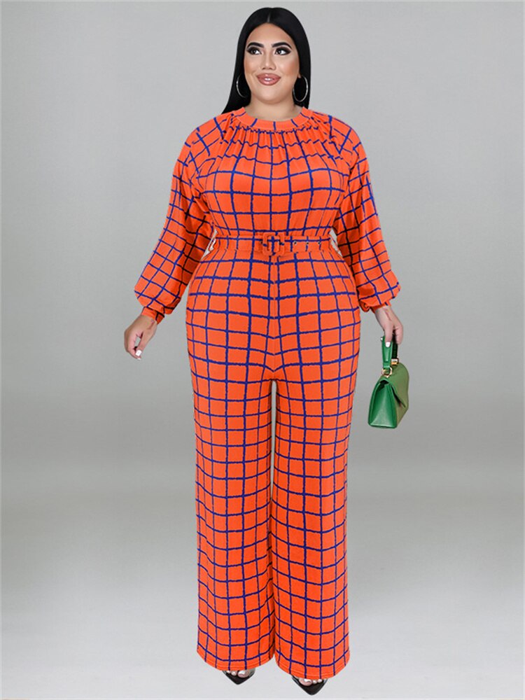 Wmstar Plus Size Jumpsuit Women With Belt Plaid One Piece Outfits Casual Wide Le