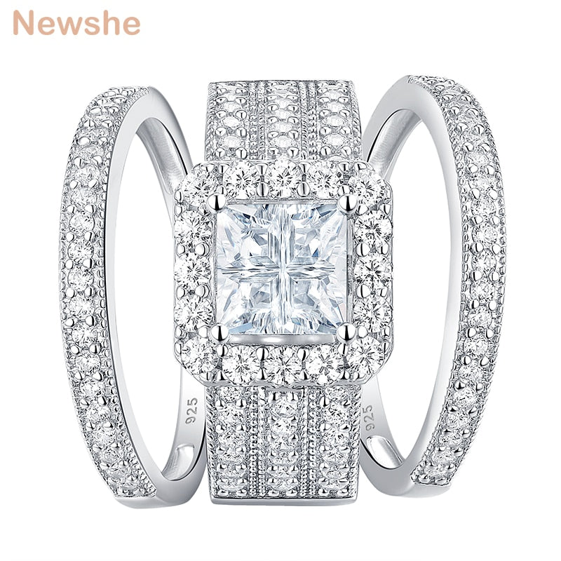 Newshe 3 Pieces Engagement Rings For Women Solid 925 Silver Wedding Jewelry Halo