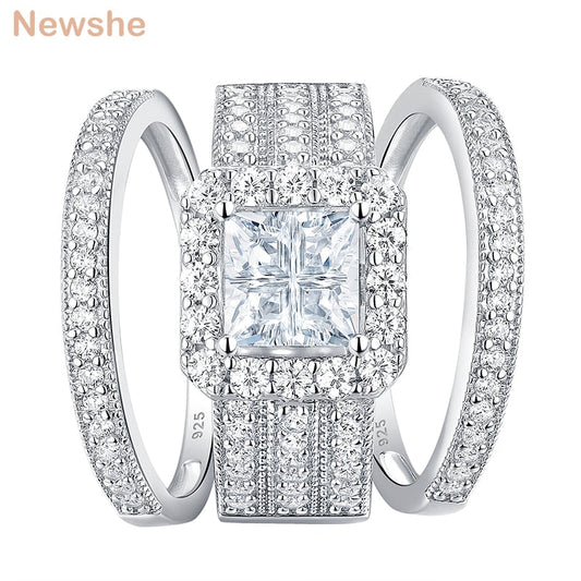 Newshe 3 Pieces Engagement Rings For Women Solid 925 Silver Wedding Jewelry Halo