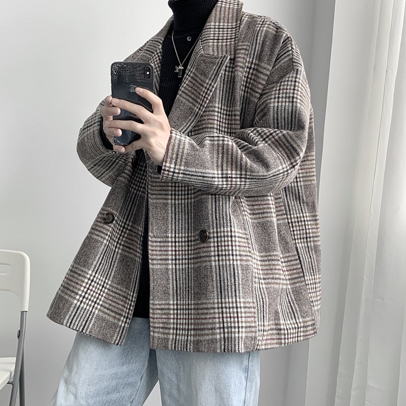 Plaid Windbreaker Men's Korean Loose Tweed Men's Autumn and Winter Woolen Coat