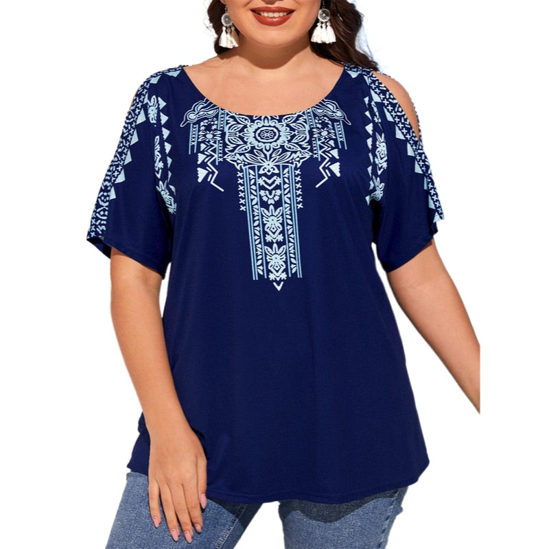 5XL Plus Size Loose TShirt Women 2023 Summer O Neck Slit Short Sleeve Floral Pr