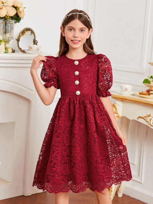 Girls' Red Lace Dress With Puff Sleeves