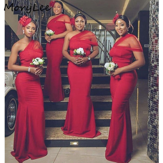 African Bridesmaid Dresses With Zipper Back Red Floor Length Sweep Train Mermaid