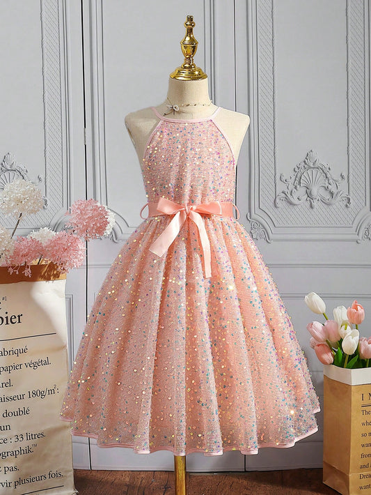 Kids CHARMNG Girls Sequin Decor Belted Halter Dress