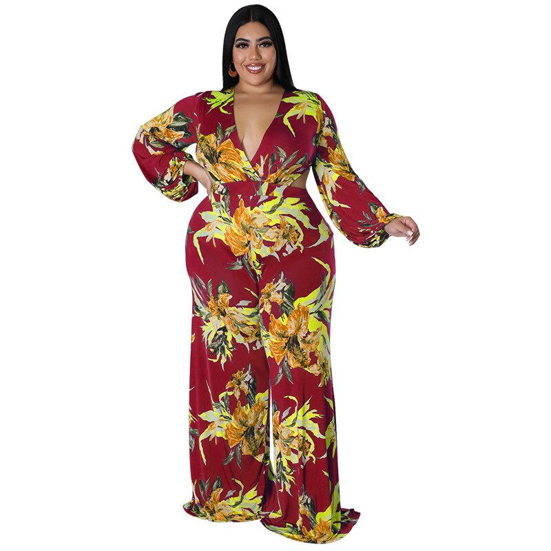 Plus Size Women 5xl Jumpsuits Floral Print One Piece Outfit Fashion v Neck Long