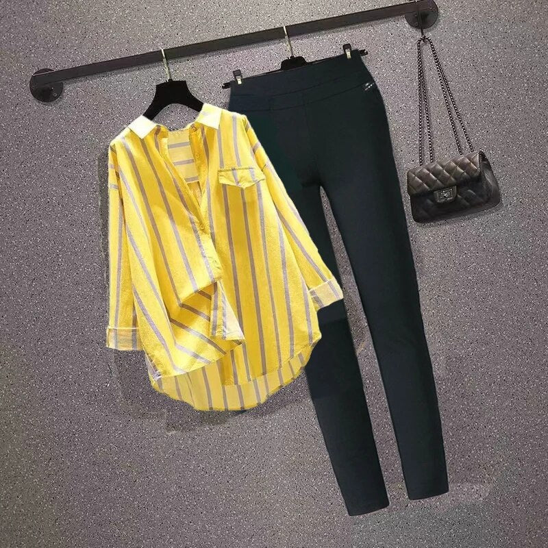 Two Piece Sets Striped Vintage Blouse Long Sleeve Shirts Suit 2023 Autumn Femal