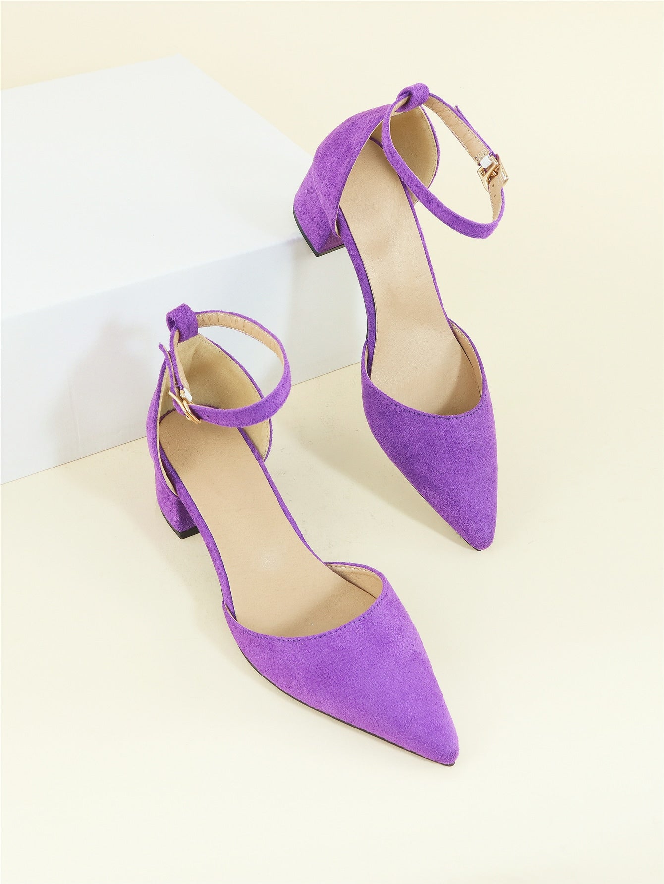 Faux Suede Point Toe Chunky Heeled Ankle Strap Pumps