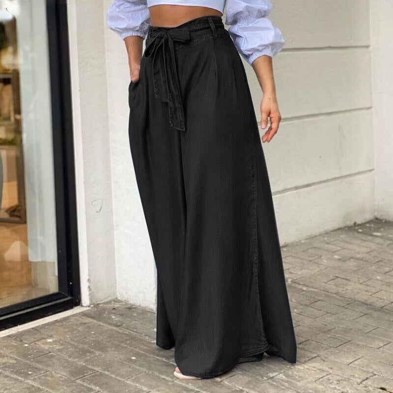 Elegant Lace Up High Waisted Wide Leg Pants Women's Clothing Casual Oversized S